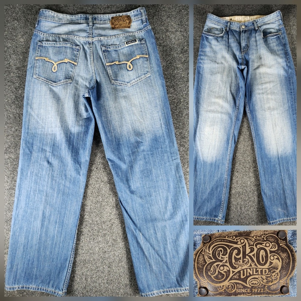 Ecko Unlimited Baggy Fit Jeans Men Size 36x34 Fit 35x33 Y2K 90's Hip Hop Grunge